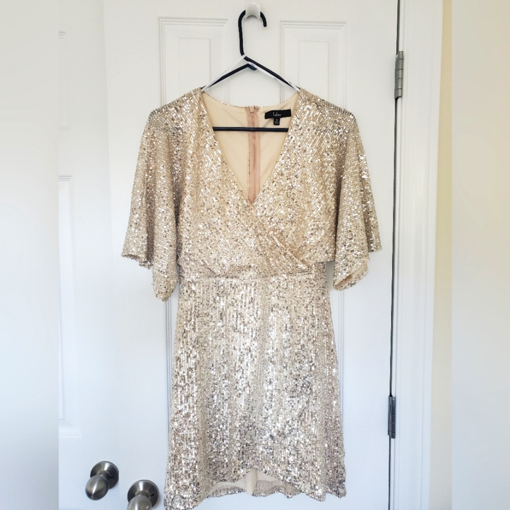 Lulu’s Soft Gold Sequin Faux Wrap Mini Party Dress - M